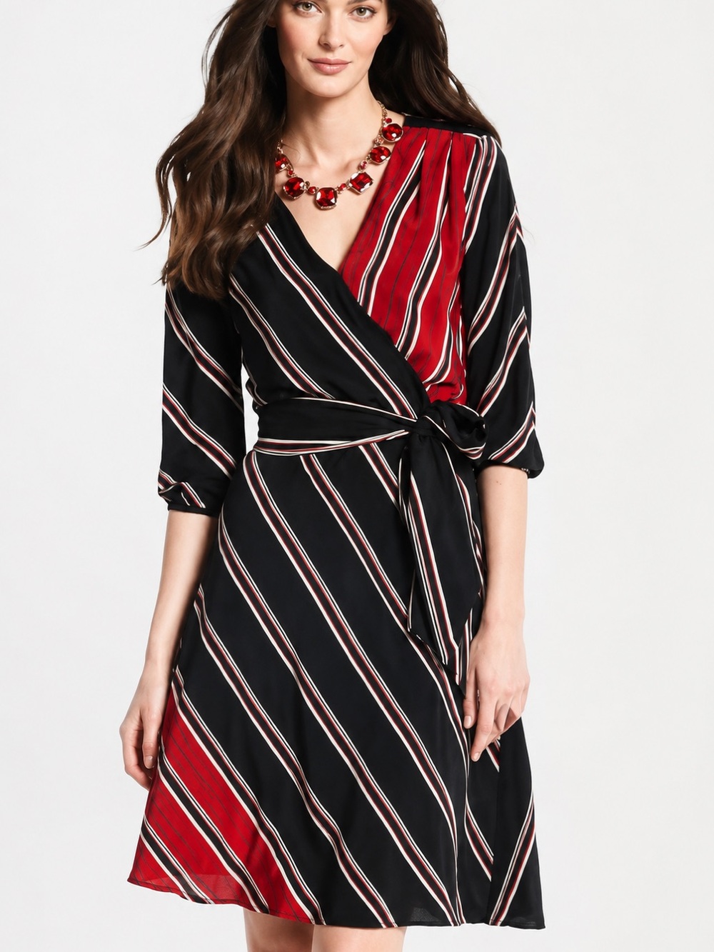 WHBM 100% Silk Faux Wrap Dress Red Black Stripe Long Sleeve